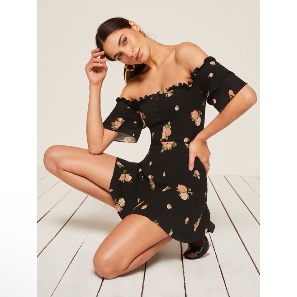 Reformation Diana Dress Floral Off Shoulder Mini Dress Black Pink 0 Petite